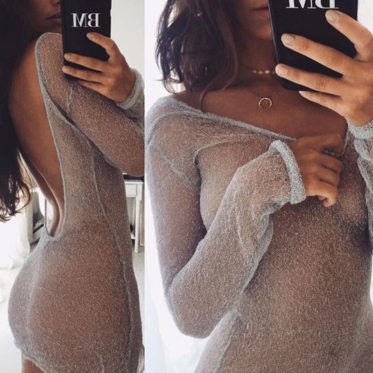 Women Sexy Bodycon Mesh Top Sheer Mini Dress | Sexy Transparent See Through Long Sleeve Mesh Crop Top | sexy women dresses robe femme elbise