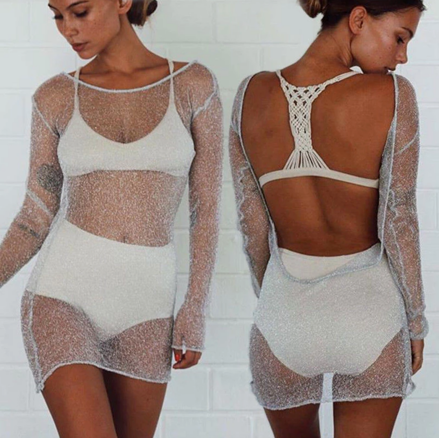 Women Sexy Bodycon Mesh Top Sheer Mini Dress | Sexy Transparent See Through Long Sleeve Mesh Crop Top | sexy women dresses robe femme elbise